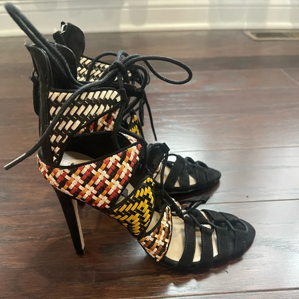 ZARA Women Lace Up Heels Black Aztec Woven Stilettos Sandals Size 36 /5.5